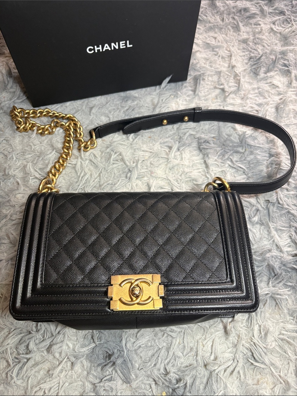 CHANEL Black Quilted Leather Boy Flap Shoulder Bag with Gold Hardware